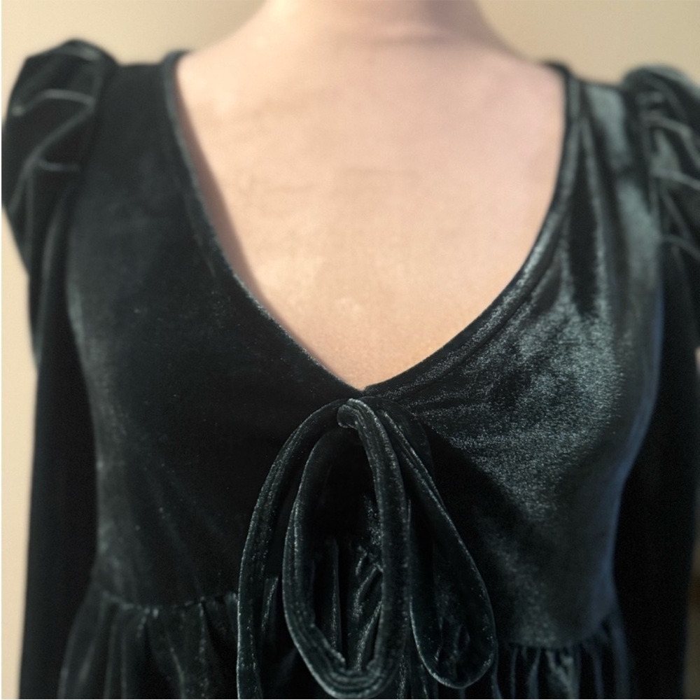 Anthropologie Maeve Velvet Babydoll Top Dark Green Blouse Tie Front XS NWT - Picture 12 of 14